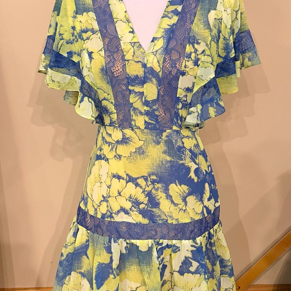 BCBGMAXAZRIA Floral Lace Trim Mini Dress 2 YW/Blue Flutter Sleeve Ruffle Silk
